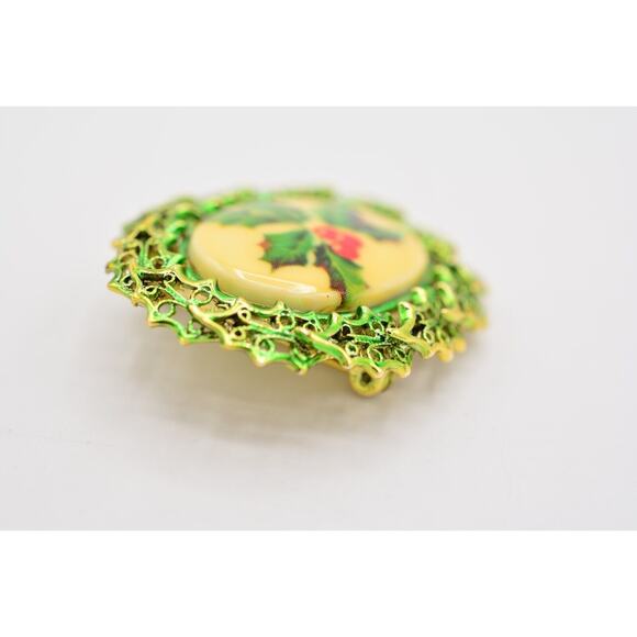 Tancer II Christmas Pin Brooch Holiday Red Berry Mistletoe Gold Signed BinAL - Picture 8 of 12